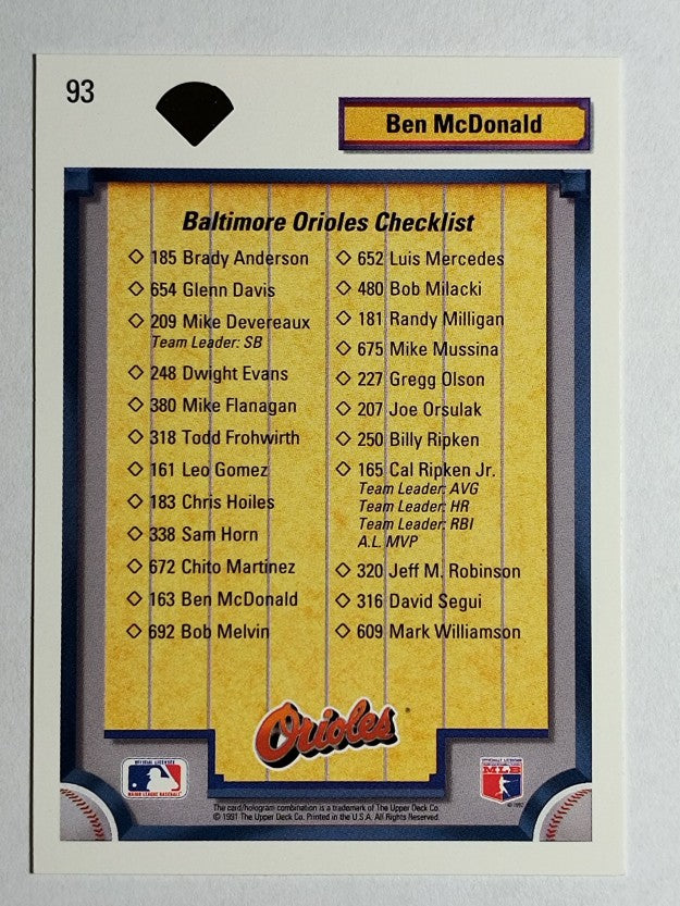 1992 Upper Deck #93 Ben McDonald TC/Baltimore Orioles