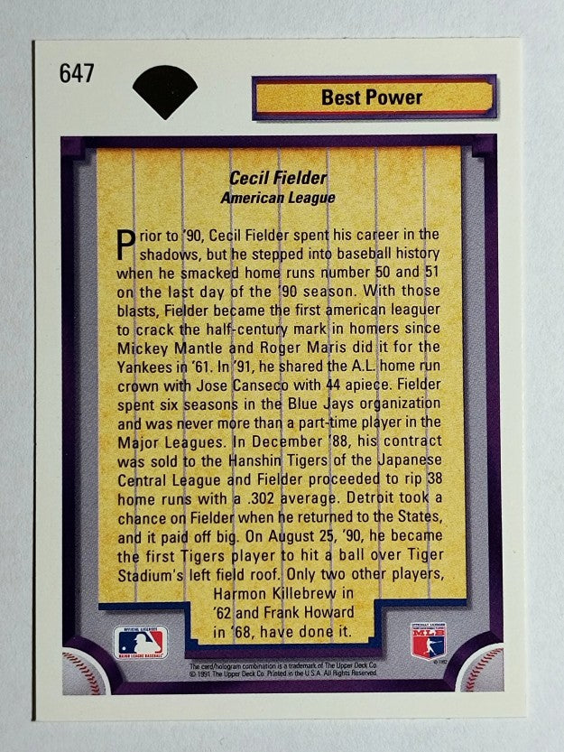 1992 Upper Deck #647 Cecil Fielder DS