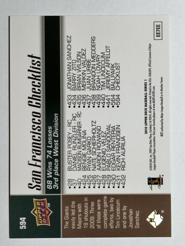 2010 Upper Deck #594 San Francisco Giants CL