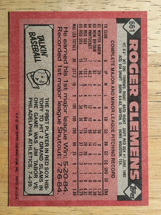 1986 Topps #661 Roger Clemens