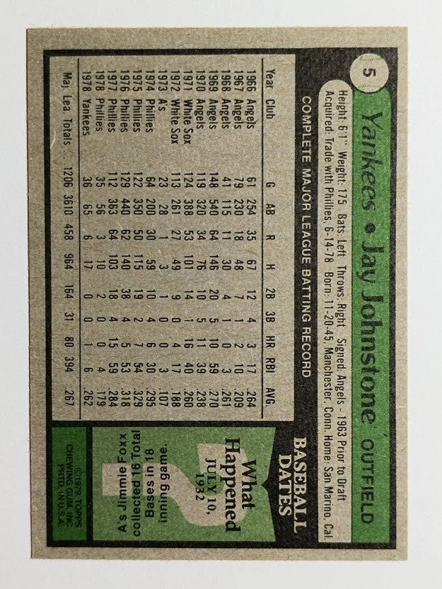 1979 Yankees Burger King #5 Jay Johnstone (MINT)