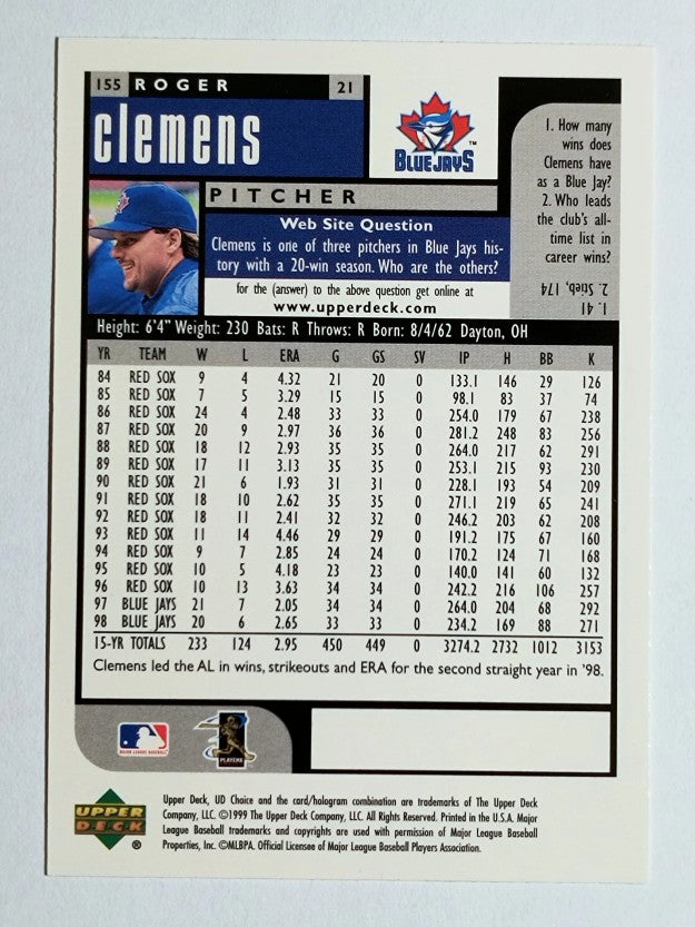 1999 UD Choice #155 Roger Clemens