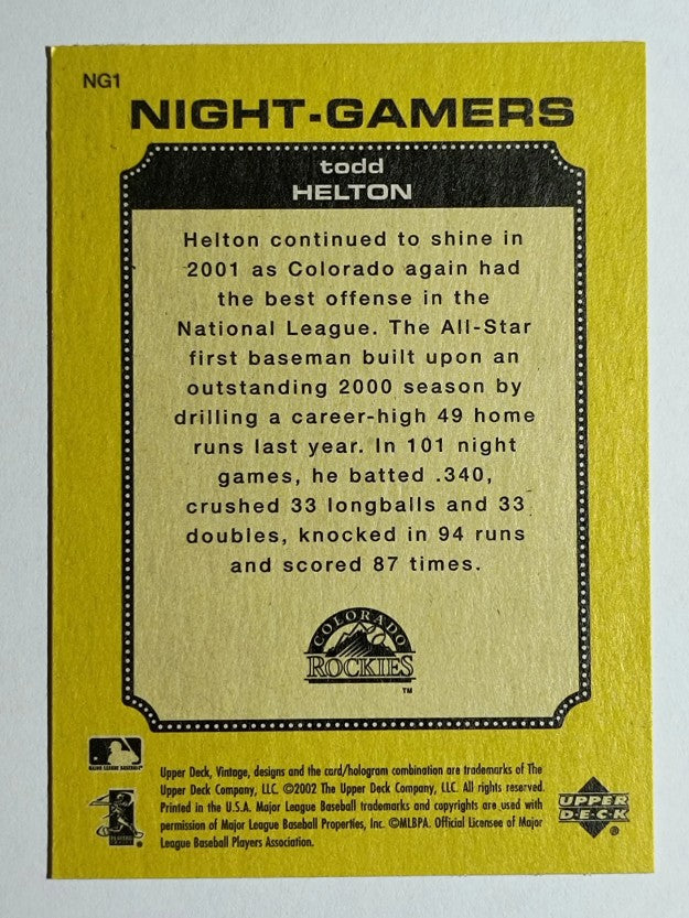 2002 Upper Deck Vintage Night Gamers #NG1 Todd Helton