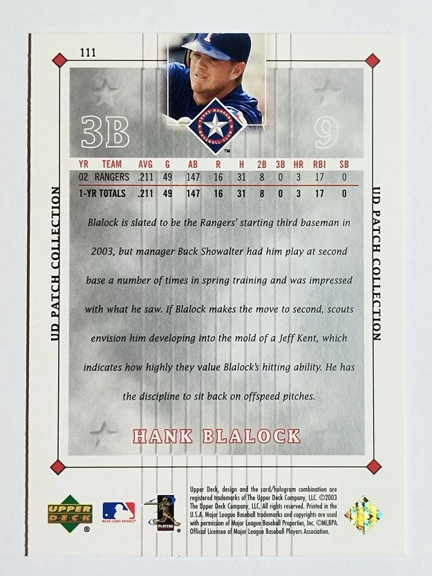 2003 UD Patch Collection #111 Hank Blalock