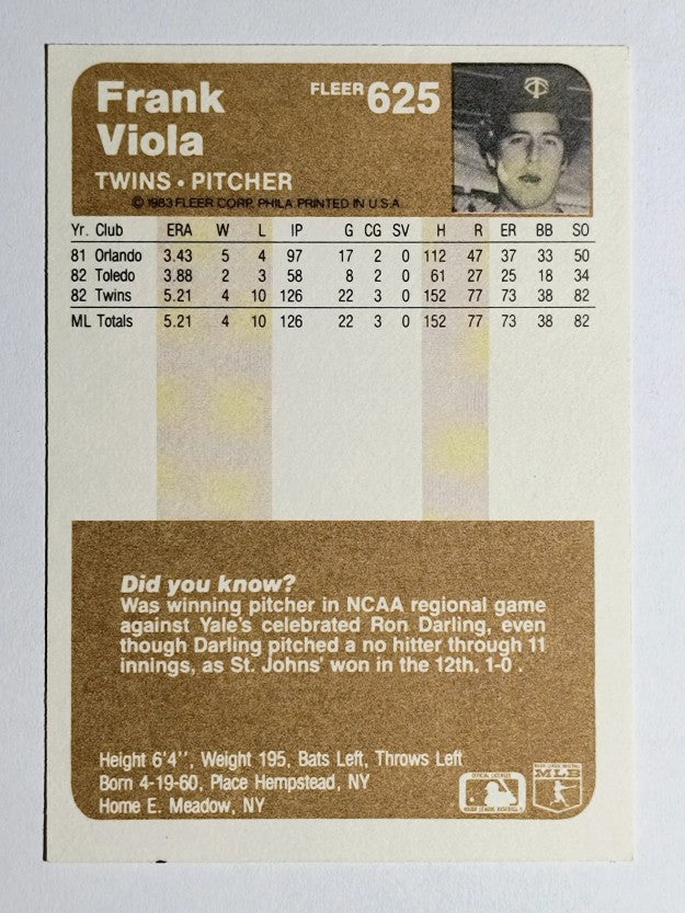 1983 Fleer #625 Frank Viola RC