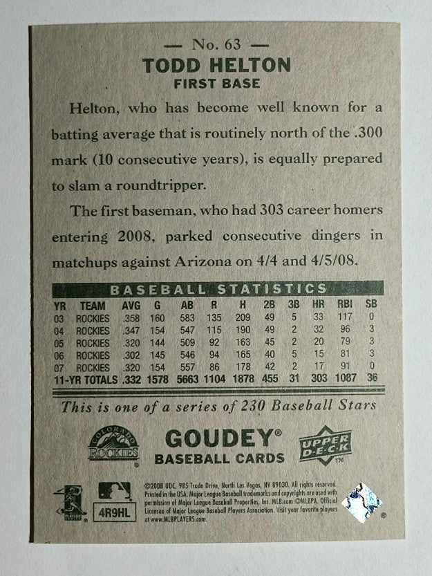 2008 Upper Deck Goudey #63 Todd Helton