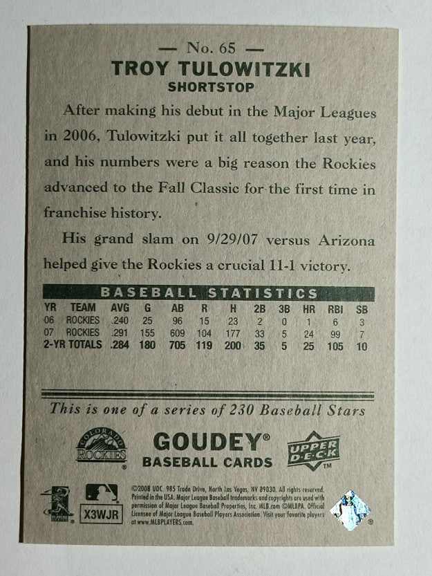 2008 Upper Deck Goudey #65 Troy Tulowitzki