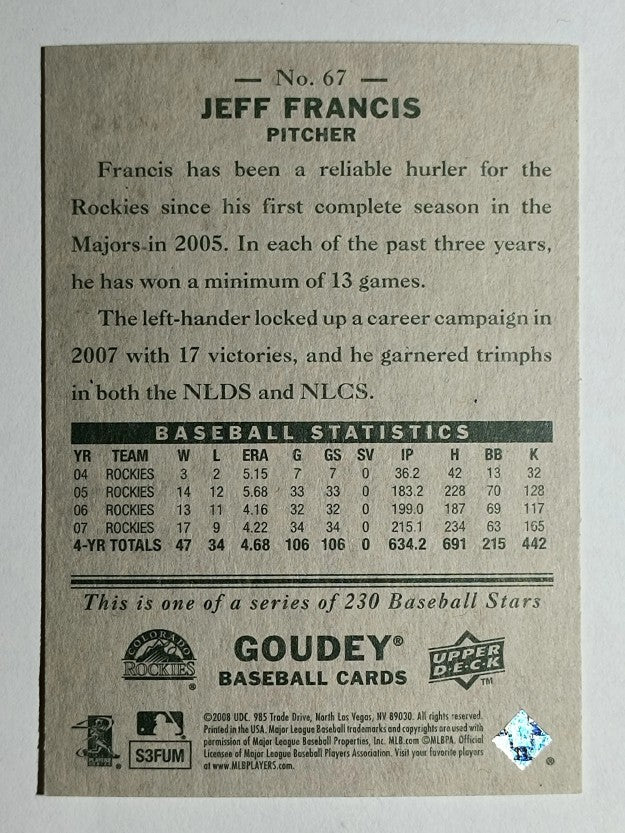 2008 Upper Deck Goudey #67 Jeff Francis