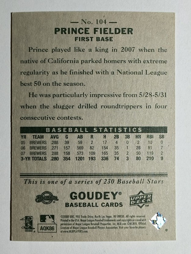 2008 Upper Deck Goudey #104 Prince Fielder