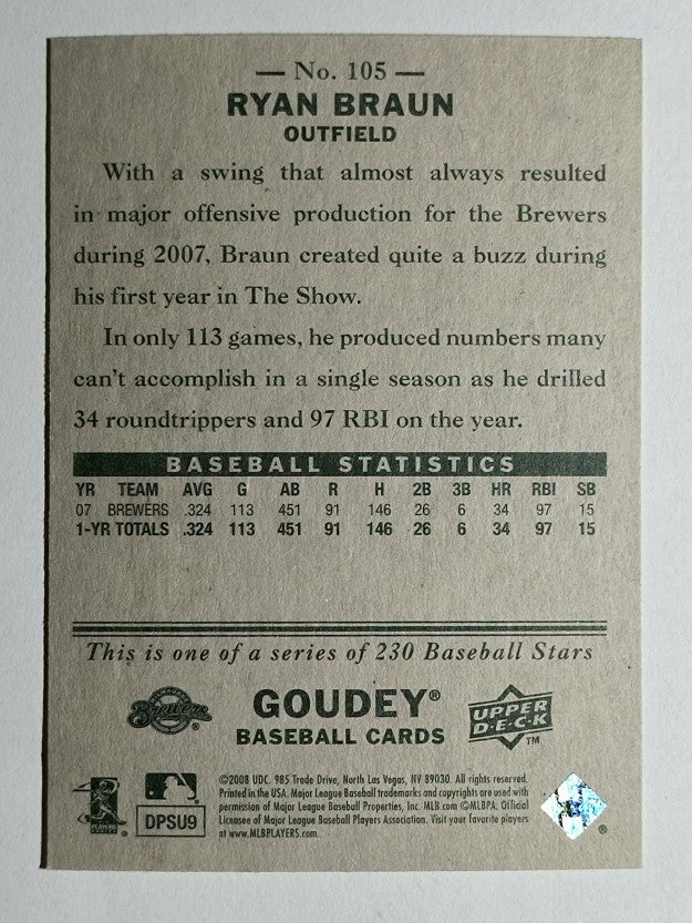 2008 Upper Deck Goudey #105 Ryan Braun