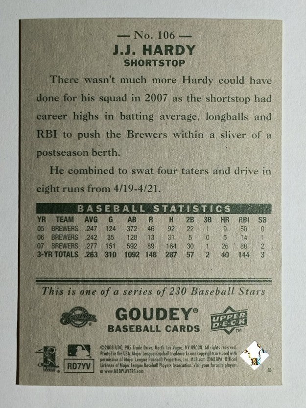 2008 Upper Deck Goudey #106 J.J. Hardy