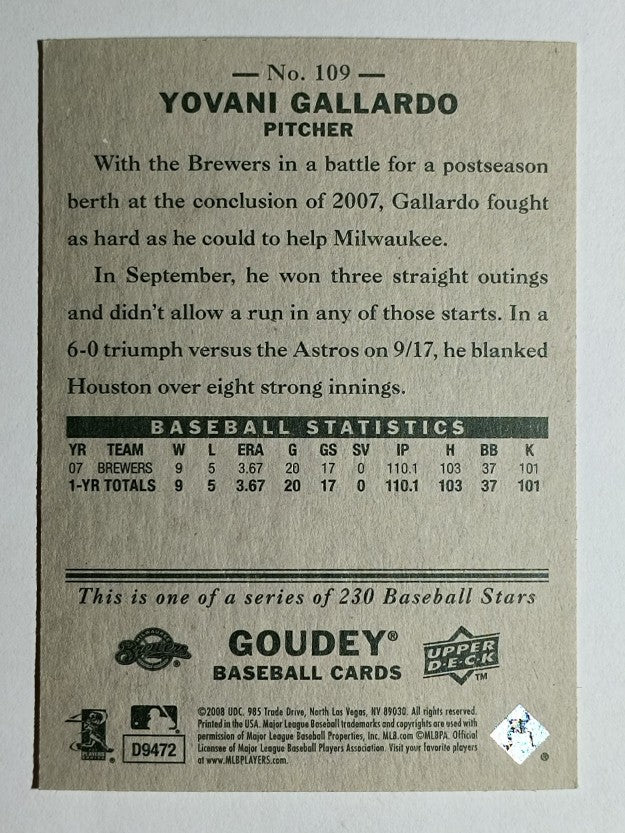 2008 Upper Deck Goudey #109 Yovani Gallardo