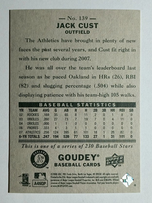 2008 Upper Deck Goudey #139 Jack Cust