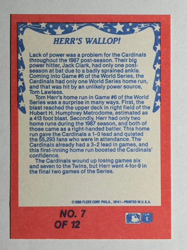 1988 Fleer World Series #7 Tom Herr/Dan Driessen