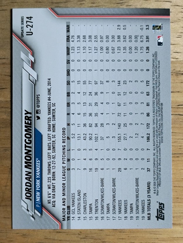 2020 Topps Update #U274 Jordan Montgomery