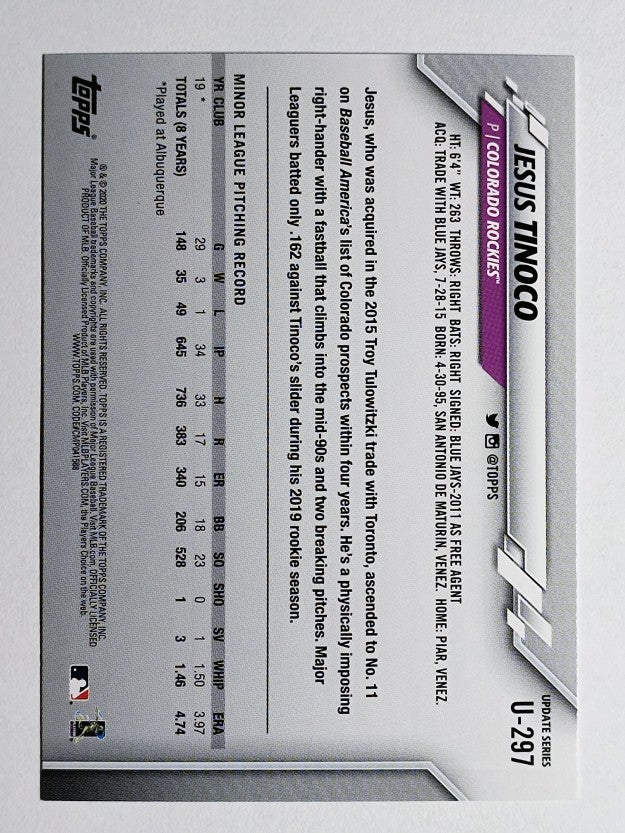 2020 Topps Update #U297 Jesus Tinoco RC