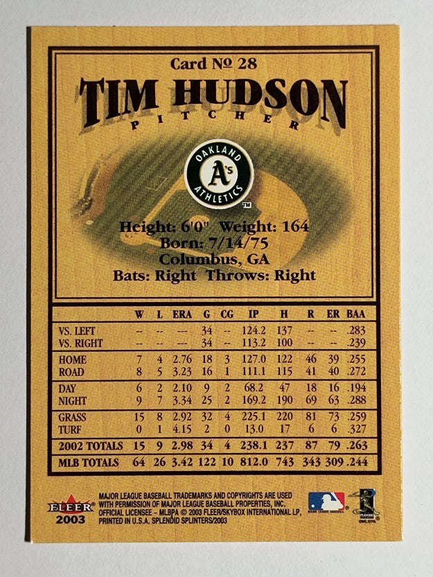 2003 Fleer Splendid Splinters #28 Tim Hudson