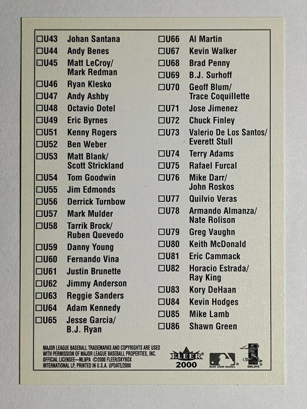 2000 Fleer Tradition Update Checklists #NNO U1-U86