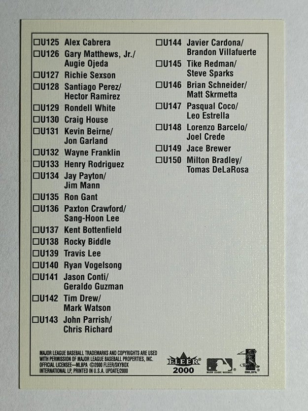 2000 Fleer Tradition Update Checklists #NNO U87-U150