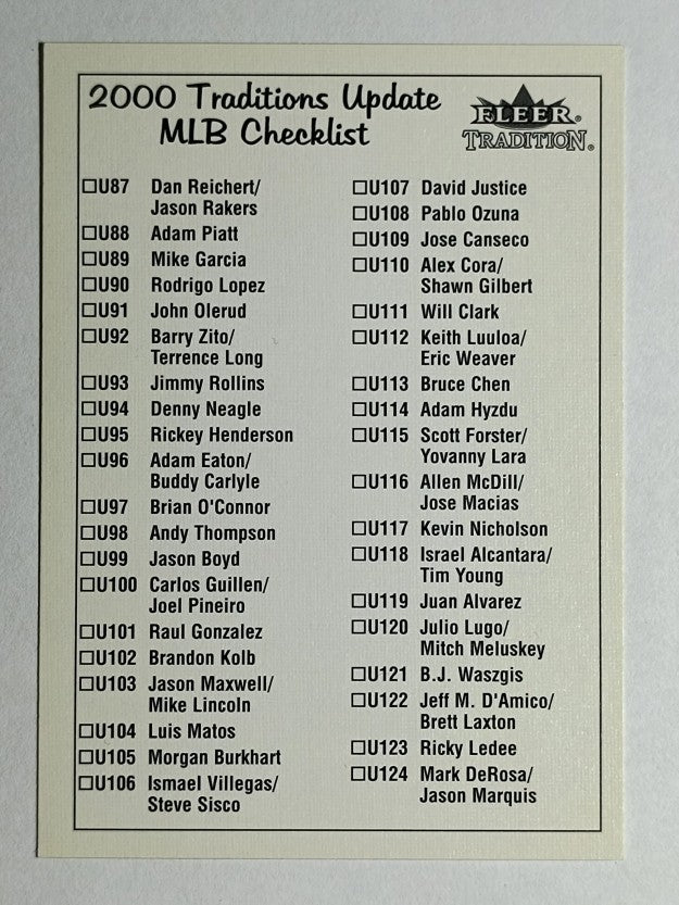 2000 Fleer Tradition Update Checklists #NNO U87-U150