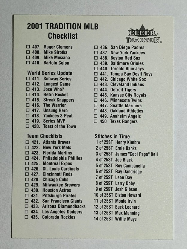 2001 Fleer Tradition Checklists #NNO 407-Inserts