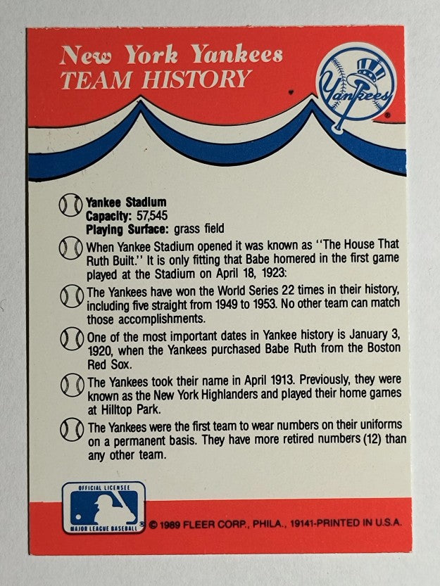 1989 Fleer Team Stickers #31 New York Yankees/Logo