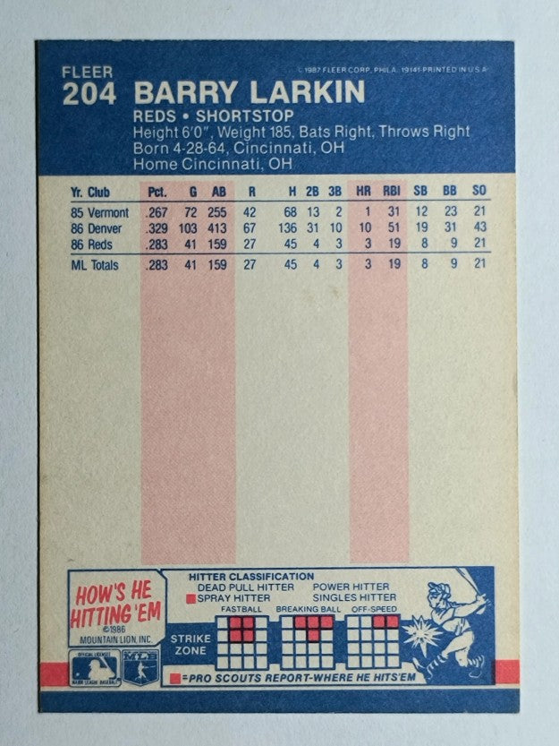 1987 Fleer #204 Barry Larkin RC (EXMT)