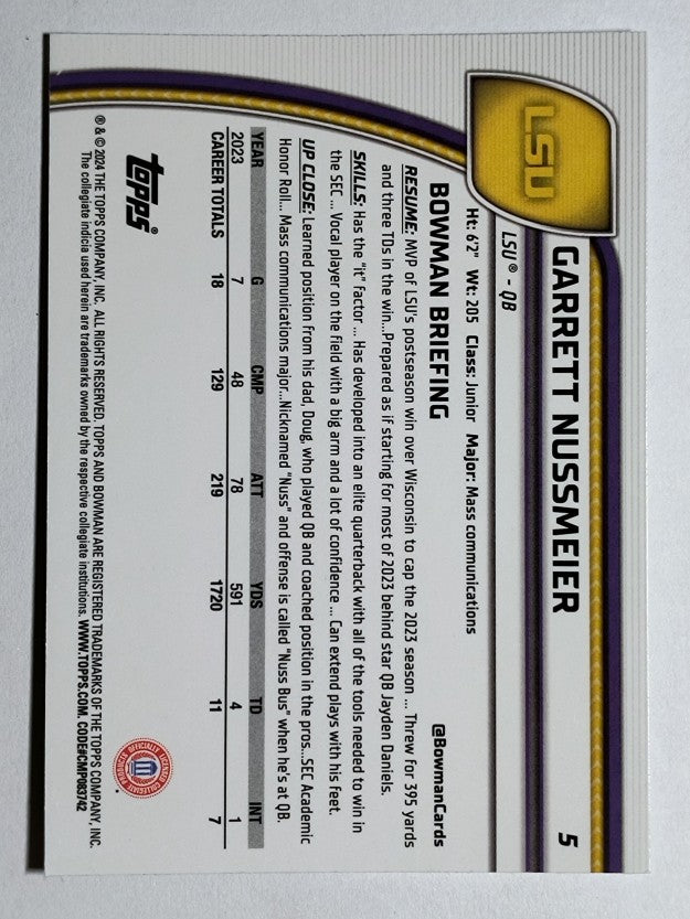 2024 Bowman Chrome University #5 Garrett Nussmeier