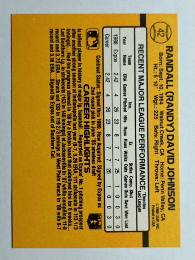 1989 Donruss #42 Randy Johnson RC RR  (NM)