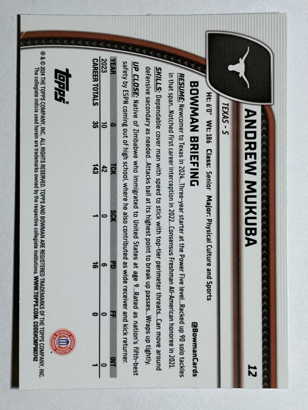 2024 Bowman Chrome University #12 Andrew Mukuba