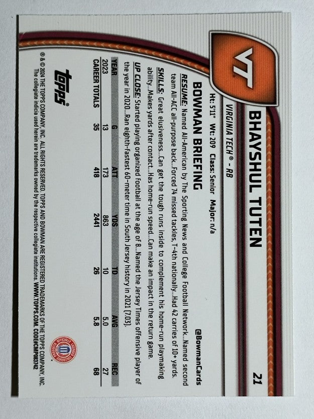 2024 Bowman Chrome University #21 Bhayshul Tuten