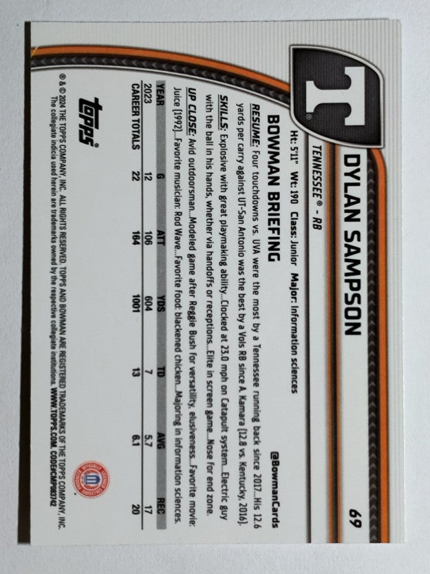 2024 Bowman Chrome University #69 Dylan Sampson