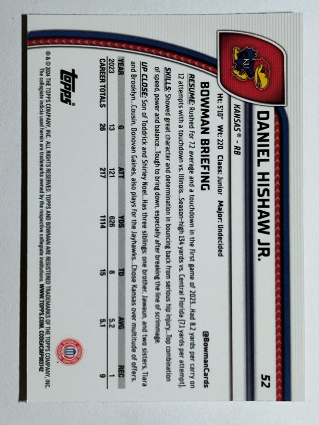 2024 Bowman Chrome University Pink Lava #52 Daniel Hishaw Jr.