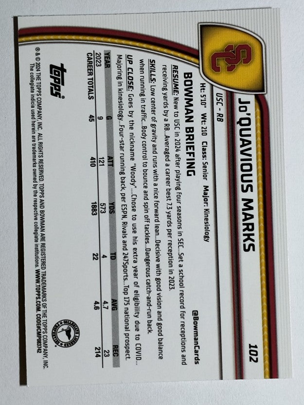 2024 Bowman Chrome University Pink Lava #102 Jo'Quavious Marks