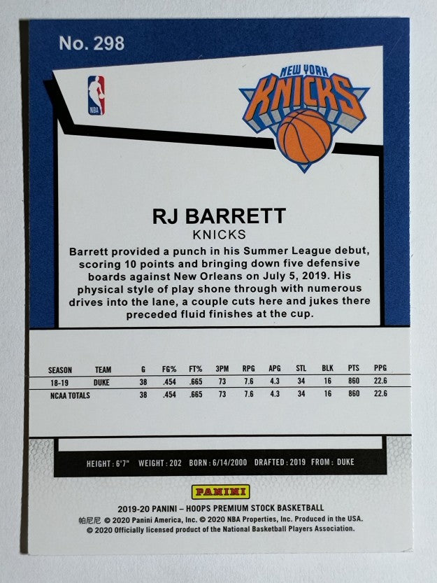 2019-20 Hoops Premium Stock #298 RJ Barrett
