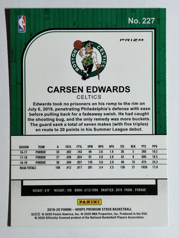 2019-20 Hoops Premium Stock Prizms Blue Cracked Ice #227 Carsen Edwards