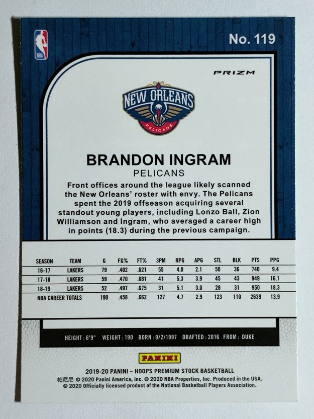2019-20 Hoops Premium Stock Prizms Green #119 Brandon Ingram
