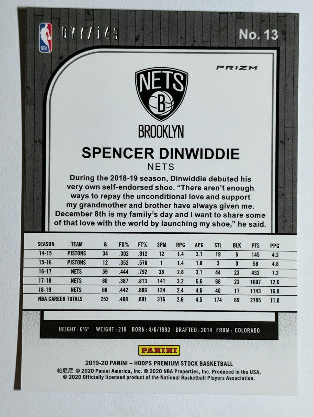 2019-20 Hoops Premium Stock Prizms Premium Set #13 Spencer Dinwiddie