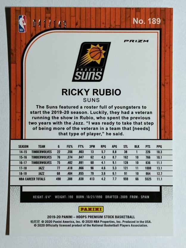 2019-20 Hoops Premium Stock Prizms Premium Set #189 Ricky Rubio