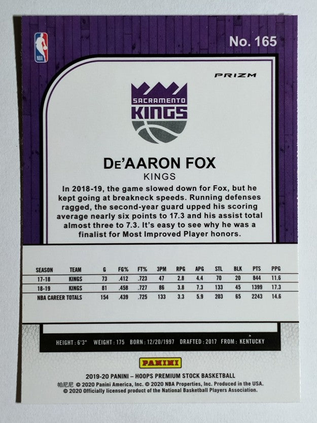 2019-20 Hoops Premium Stock Prizms Purple Disco #165 De'Aaron Fox