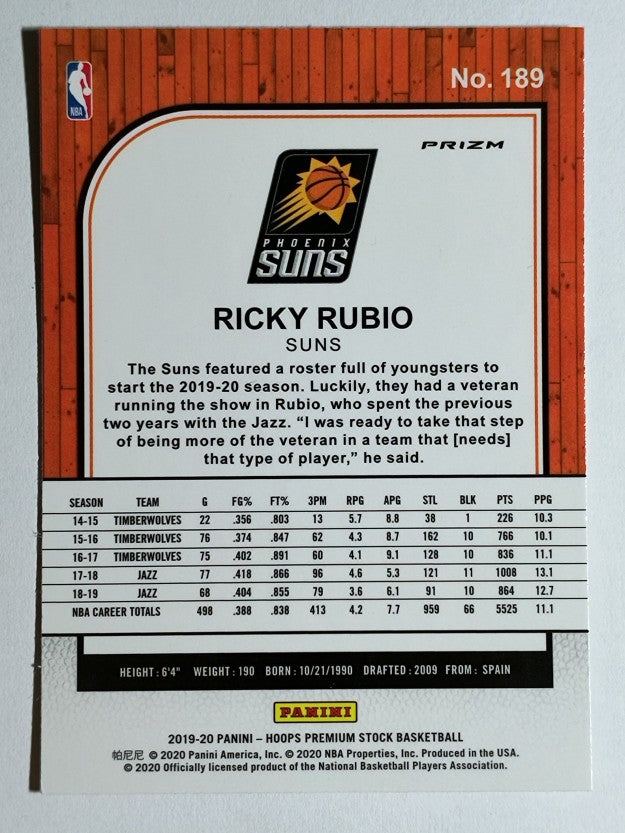 2019-20 Hoops Premium Stock Prizms Purple Disco #189 Ricky Rubio