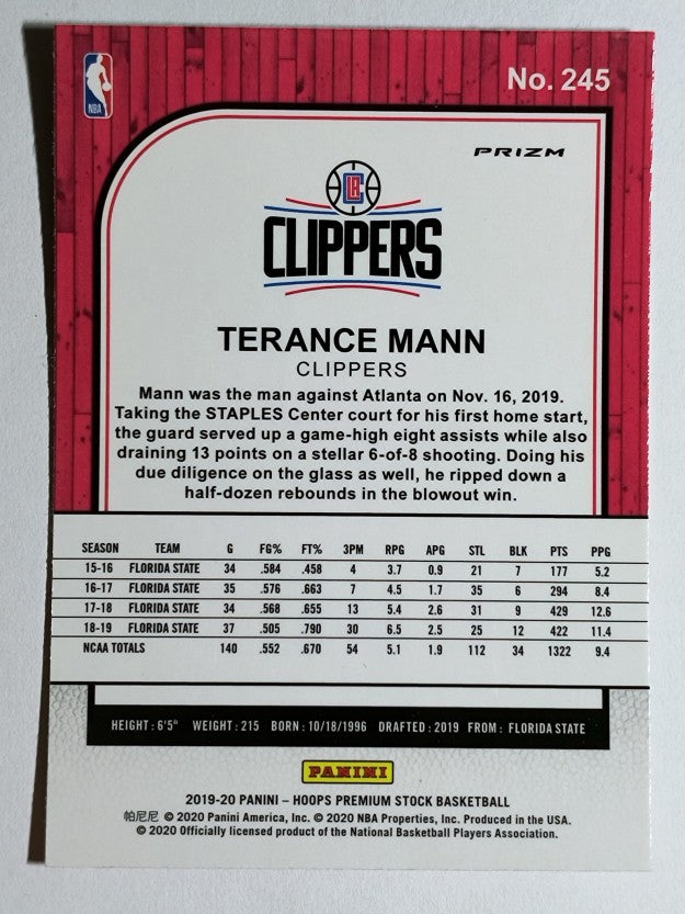 2019-20 Hoops Premium Stock Prizms Purple Disco #245 Terance Mann