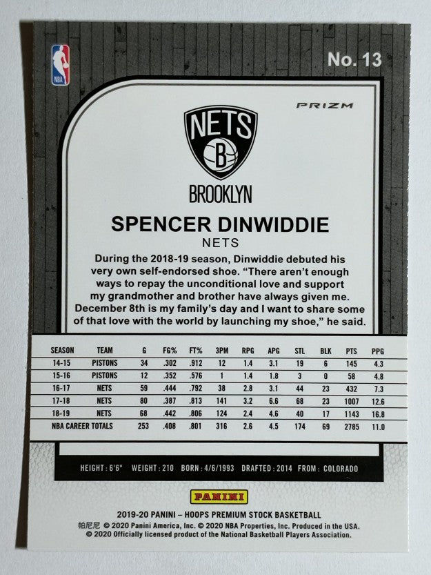 2019-20 Hoops Premium Stock Prizms Red Pulsar #13 Spencer Dinwiddie