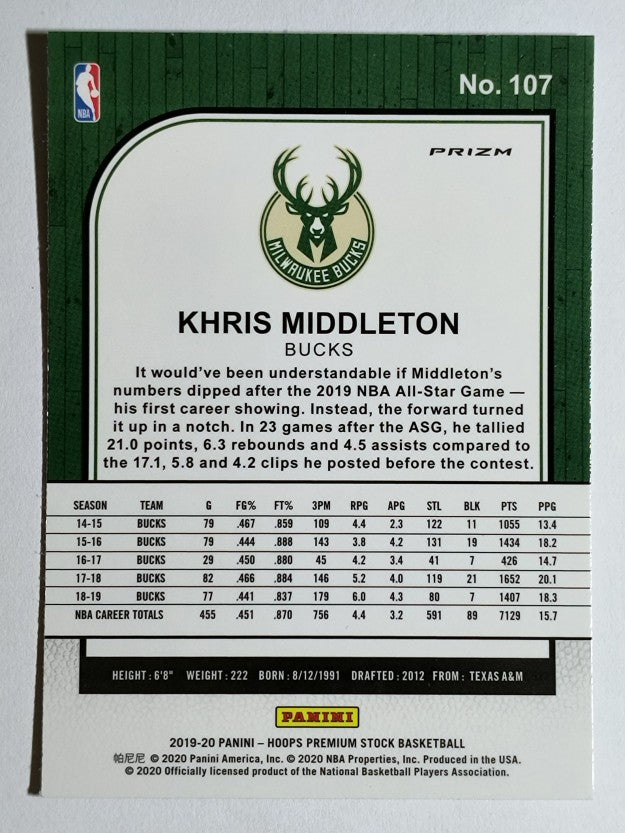 2019-20 Hoops Premium Stock Prizms Silver #107 Khris Middleton
