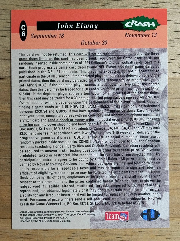1994 Collector's Choice Crash the Game #C6G John Elway WIN S (EX)