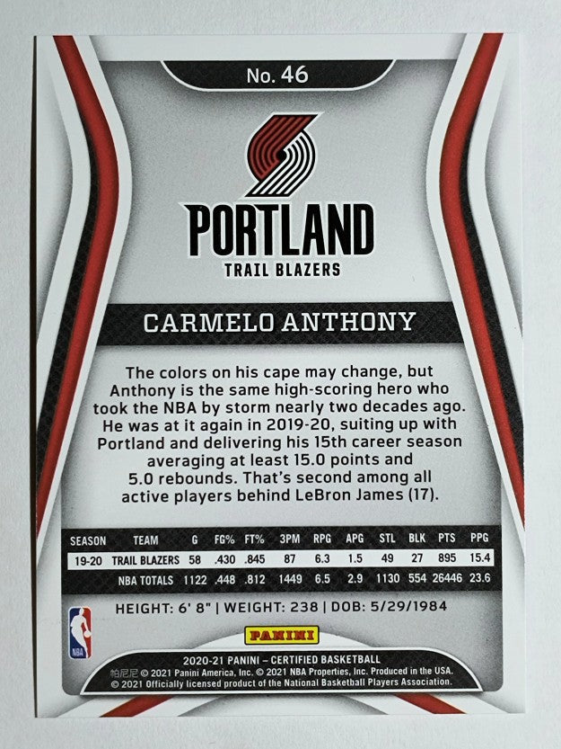 2020-21 Certified Mirror Blue #46 Carmelo Anthony