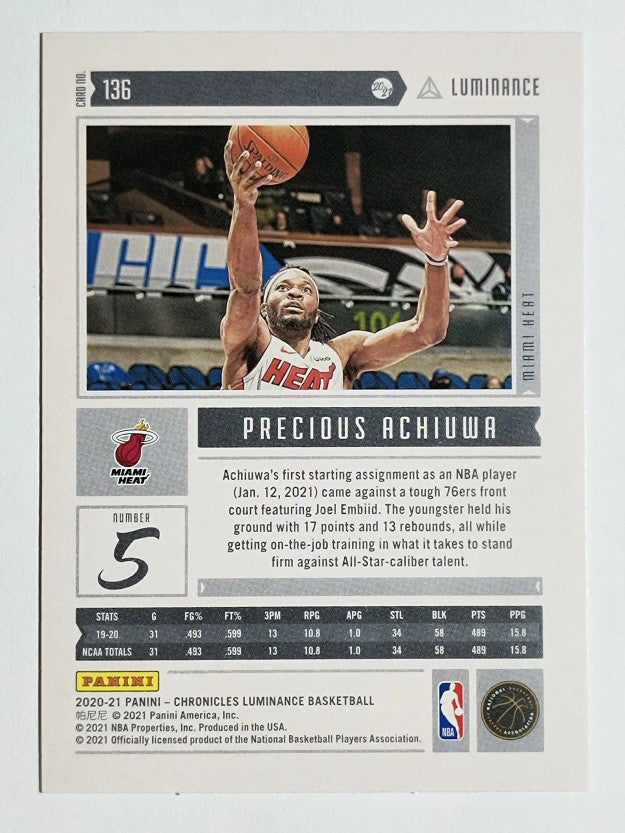 2020-21 Panini Chronicles Green #136 Precious Achiuwa/Luminance