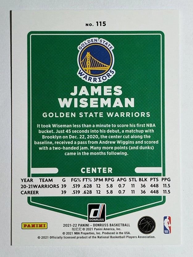 2021-22 Donruss Press Proof Purple #115 James Wiseman