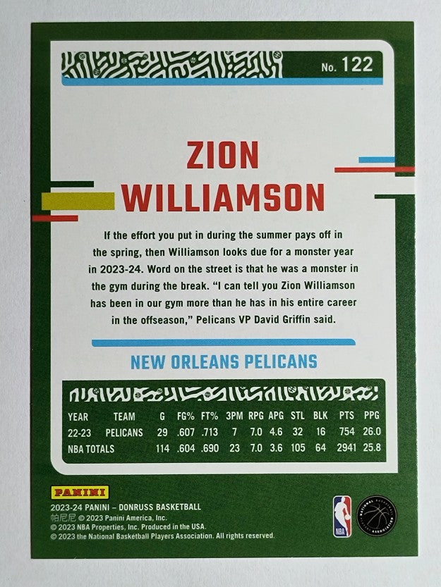 2023-24 Donruss Press Proof Silver #122 Zion Williamson