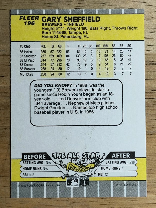 1989 Fleer #196 Gary Sheffield RC